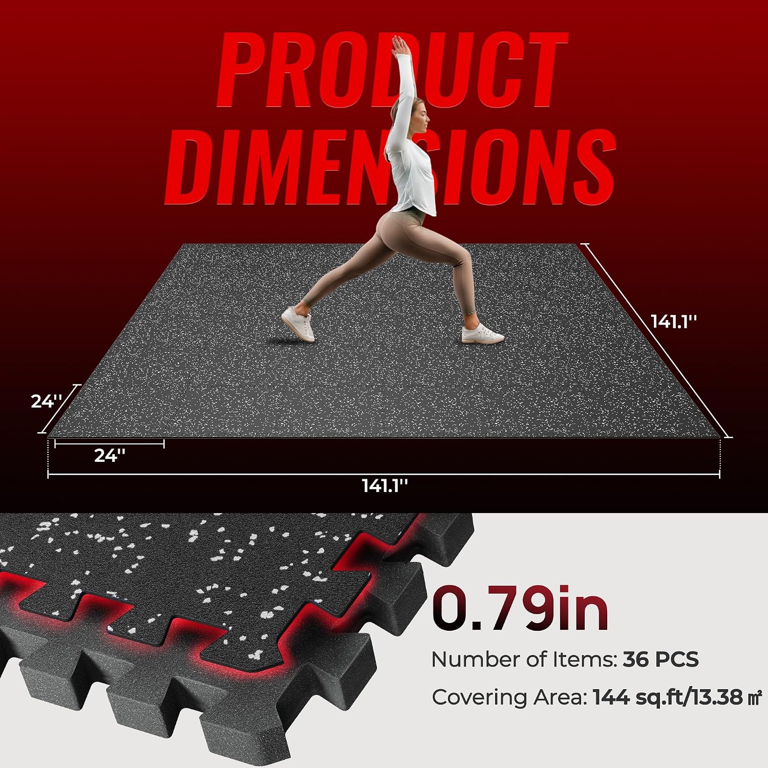 SUPERJARE 0.79'' Extra-Thick Exercise Equipment Mats, 36 Pcs 144 Sq Ft Rubber Top Floor Tiles with High Density EVA Foam, Interlocking Gym Flooring for Home Gym, Workout Mat, Black/Grey