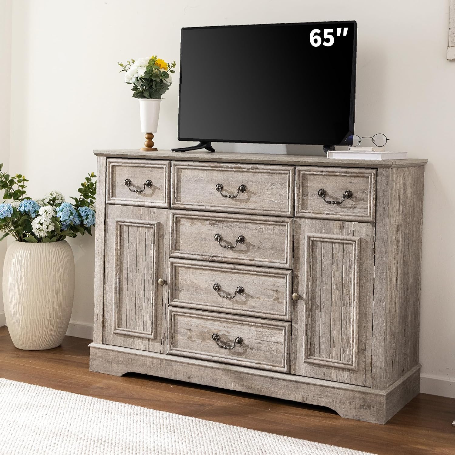 Homkdom Dresser for Bedroom with 6 Drawers & 2 Doors with Silent Gliding Drawers for Bedroom,Dining Room, Hallway,Grey