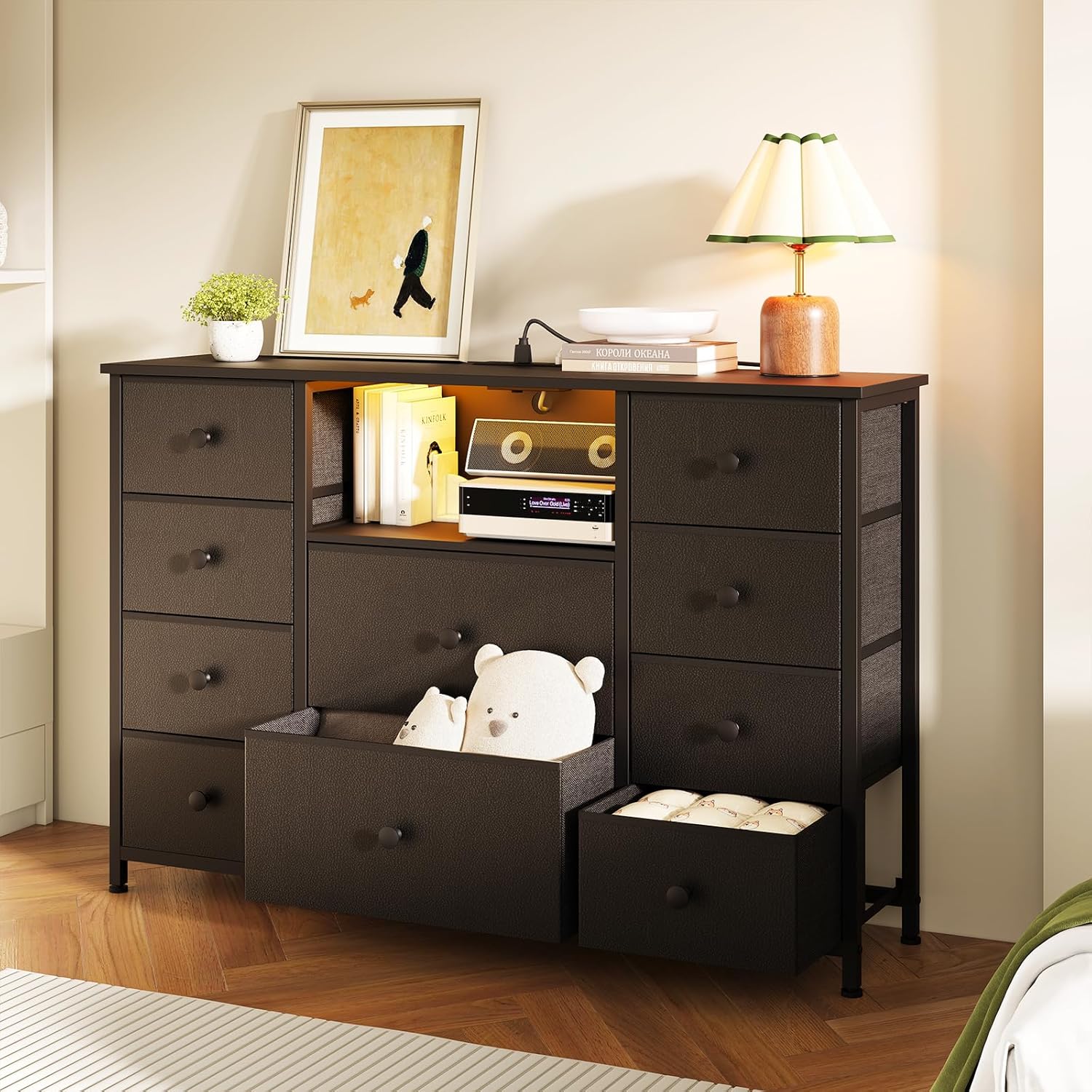 Dresser for Bedroom with 10 Drawers, Black Storage Organizer TV Stand for 55' TV with LED Lights and Sockets, Fabric Chest of Drawers with PU Finish for Closets, Entryway, Living Room, Hallway