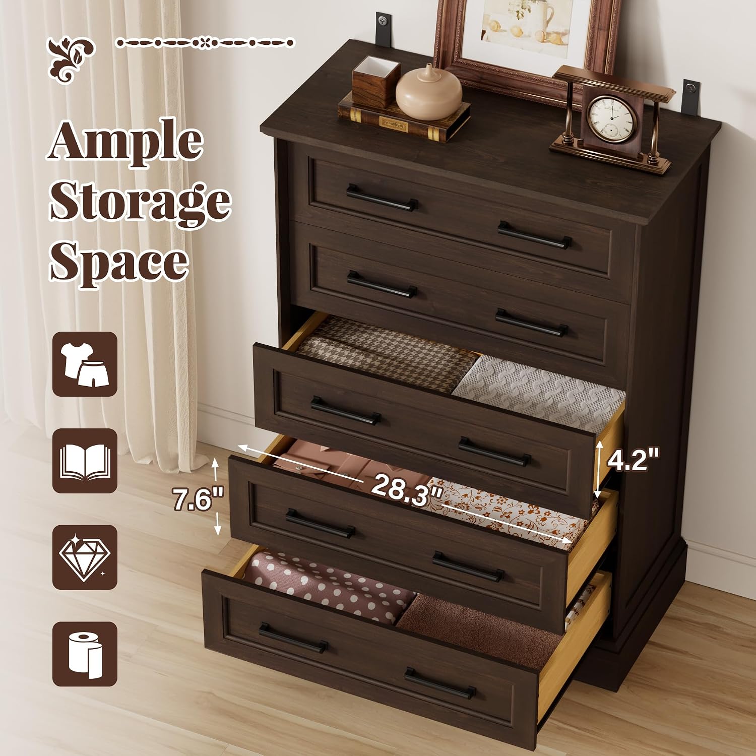 Furmax Farmhouse Dresser for Bedroom, 5 Drawers Dresser, Wood Chest of Drawers, 31.5' Wide Storage Dressers Organizer for Bedroom, Living Room (Brown)