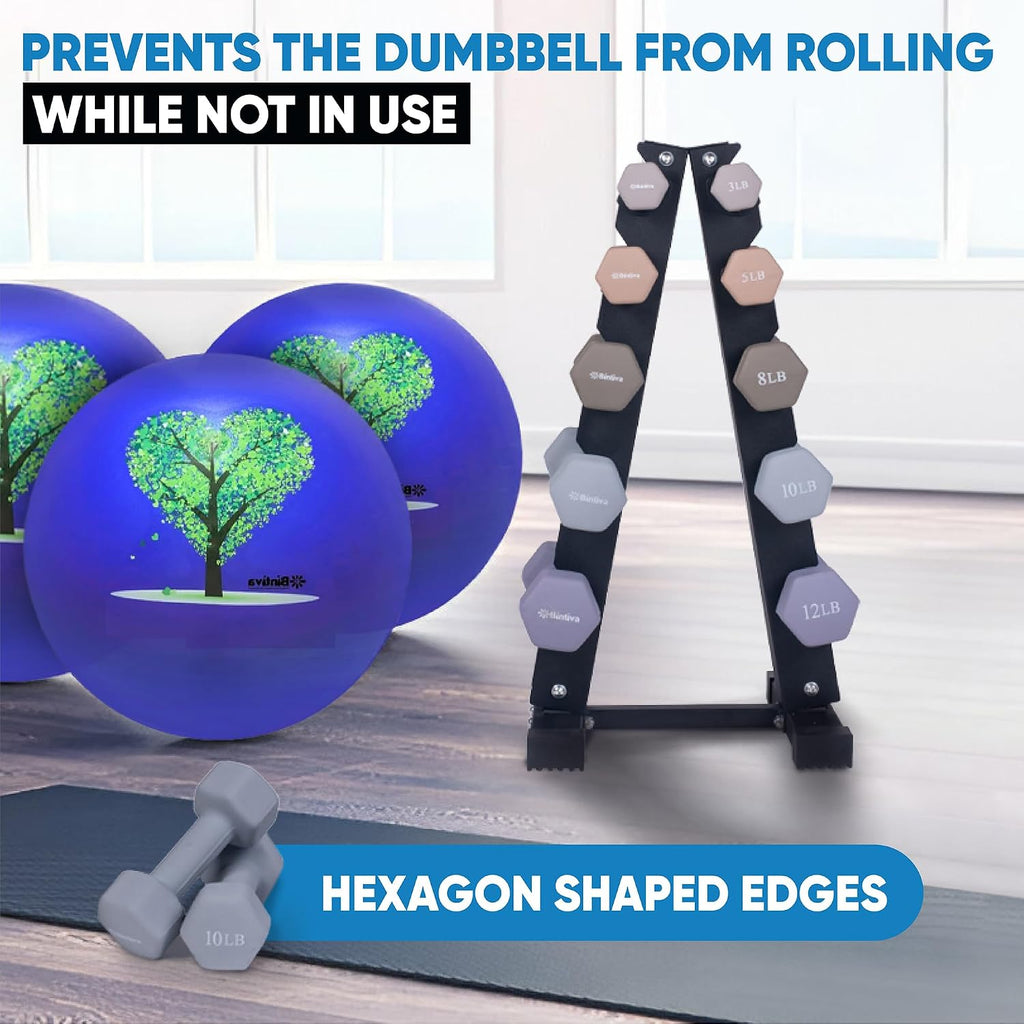 Dumbbell Set with Rack - Neoprene Coated Weights - Hex Color Coded Dumbell Pairs 1-20 LBs