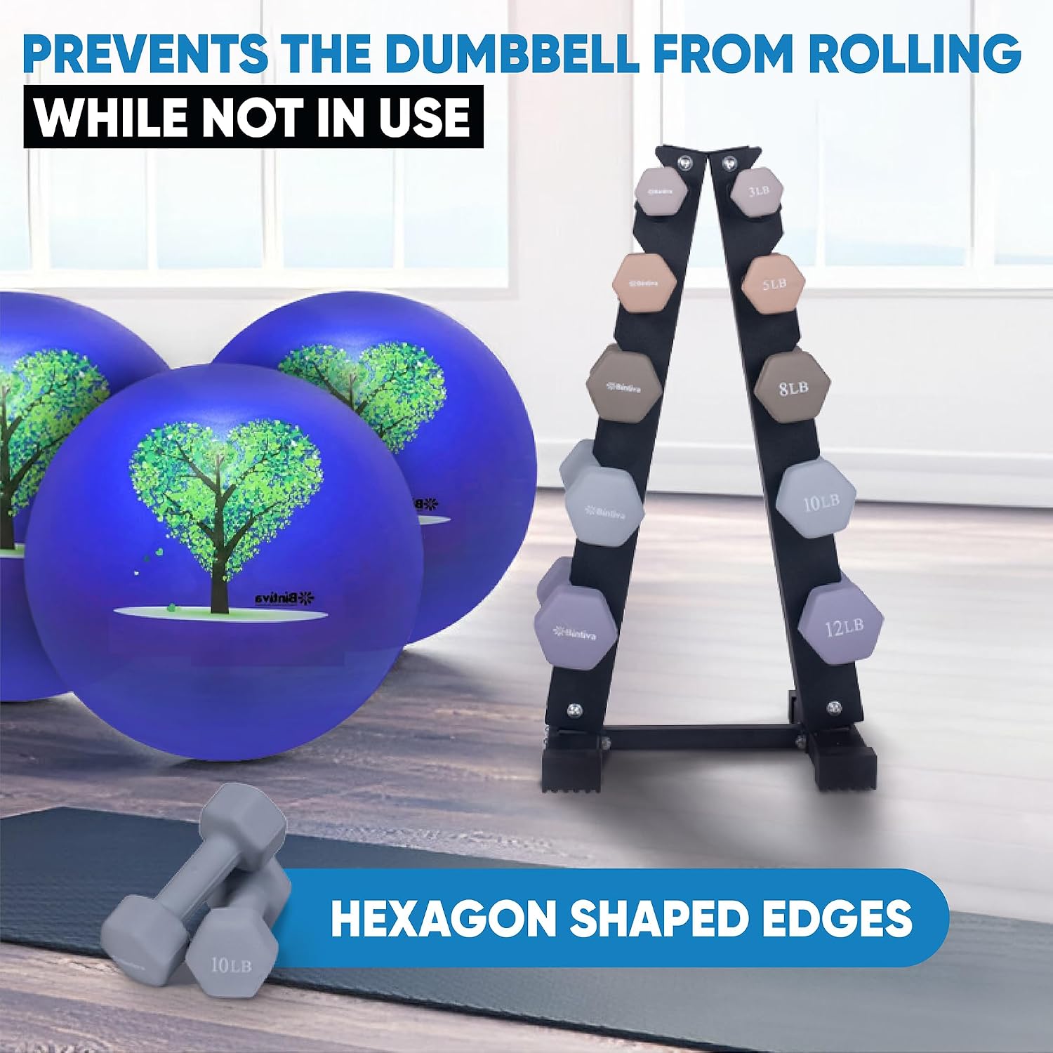 Dumbbell Set with Rack - Neoprene Coated Weights - Hex Color Coded Dumbell Pairs 1-20 LBs
