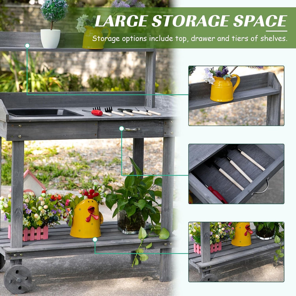 30x24x36in Versatile Heavy-Duty Potting Bench with Wheels Sink Full-Depth Drawer Space Saving Compartments Solid Wood Dark Gray