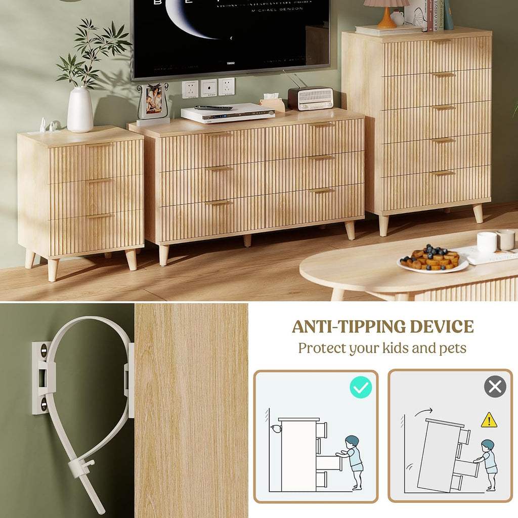 Lulive Wood 3 Drawers Dresser Fluted Night Stand with Charging Station, Storage Nightstand Modern Side Table, Bedside Table for Bedroom, Entryway Natural