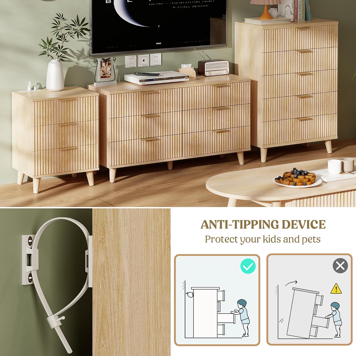 Lulive Wood 3 Drawers Dresser Fluted Night Stand with Charging Station, Storage Nightstand Modern Side Table, Bedside Table for Bedroom, Entryway Natural