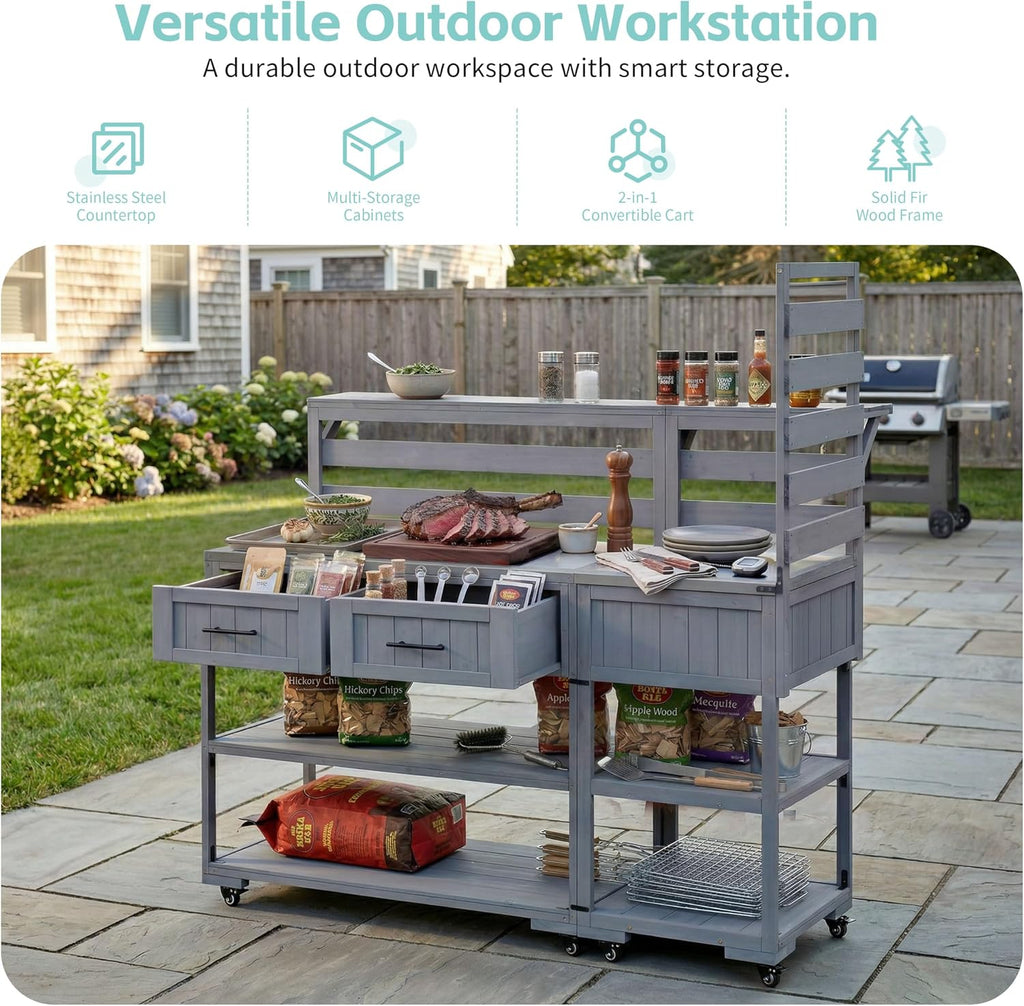 Outdoor Kitchen Island with Stainless Steel Top, 62 in | Fir wood, stainless steel top, raised shelf, modular 2-cart design, lockable wheels, BBQ prep, 62.3 W x 28.6 D x 65 H in
