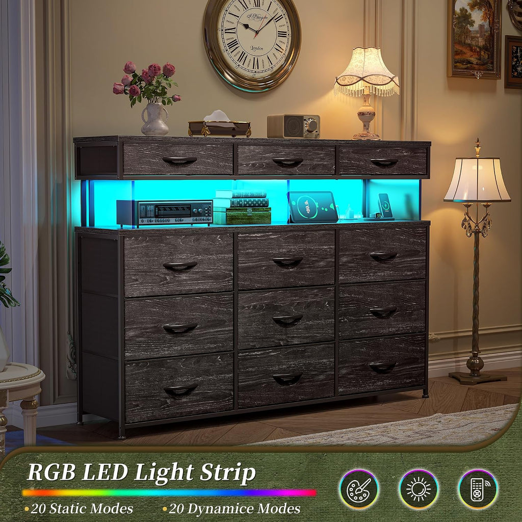 Romorgniz Black Dresser for Bedroom with Charging Station and LED Lights, Fabric Dressers & Chest of Drawers, Dresser TV Stands for Living Room, Open Shelves, 10MM Thick Acrylic Sheet