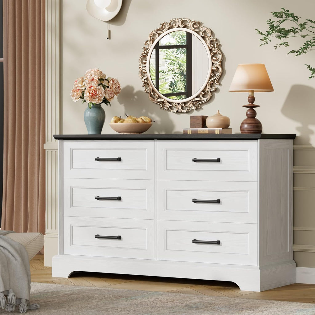 Furmax Farmhouse Dresser for Bedroom, 6 Drawers Dresser, Wood Chest of Drawers, 47.2' Wide Storage Dressers Organizer for Bedroom, Living Room, White and Black