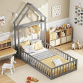 KOMFOTT Twin Size Floor Bed with House-Shaped Headboard, Kids Montessori Floor Bed with Detachable Clothes Hanger, Full Length Safety Guardrails, Door & Latch, Solid Wood Floor Bed Frame
