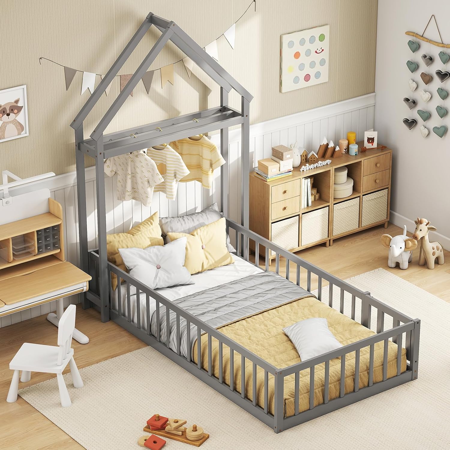 KOMFOTT Twin Size Floor Bed with House-Shaped Headboard, Kids Montessori Floor Bed with Detachable Clothes Hanger, Full Length Safety Guardrails, Door & Latch, Solid Wood Floor Bed Frame