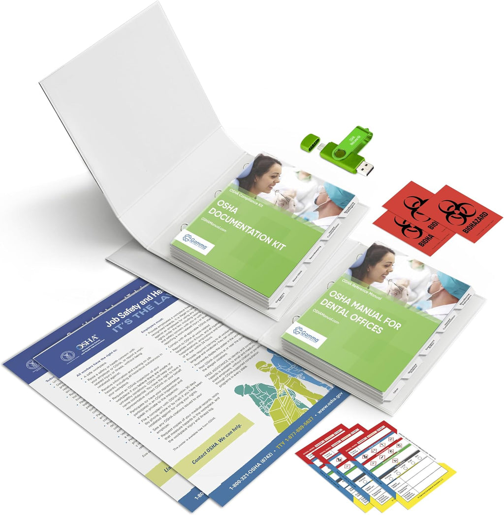 OSHA & HIPAA Package for Dental Offices: Hardcopy Manual (Regulations/Standards), Policies/Forms (USB), Training Outline/Test, Resource USB, Posters, Labels (All Other States)
