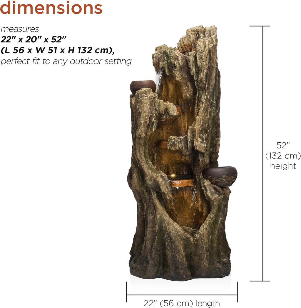 Alpine Corporation WIN1530 Indoor/Outdoor Floor Waterfall, Tree Trunk Fountain w/LED Lights & 2 Flower Pots, 52', Brown