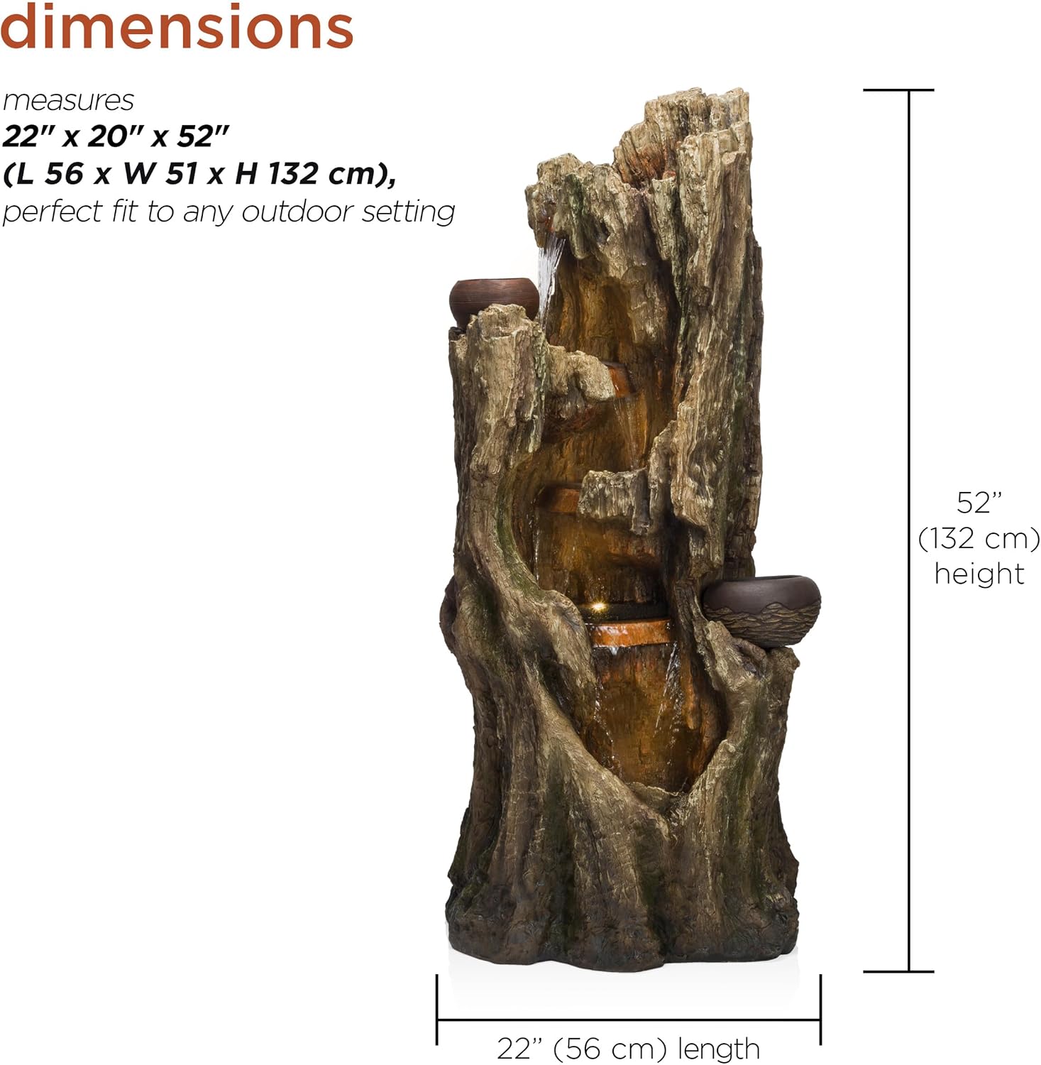Alpine Corporation WIN1530 Indoor/Outdoor Floor Waterfall, Tree Trunk Fountain w/LED Lights & 2 Flower Pots, 52', Brown