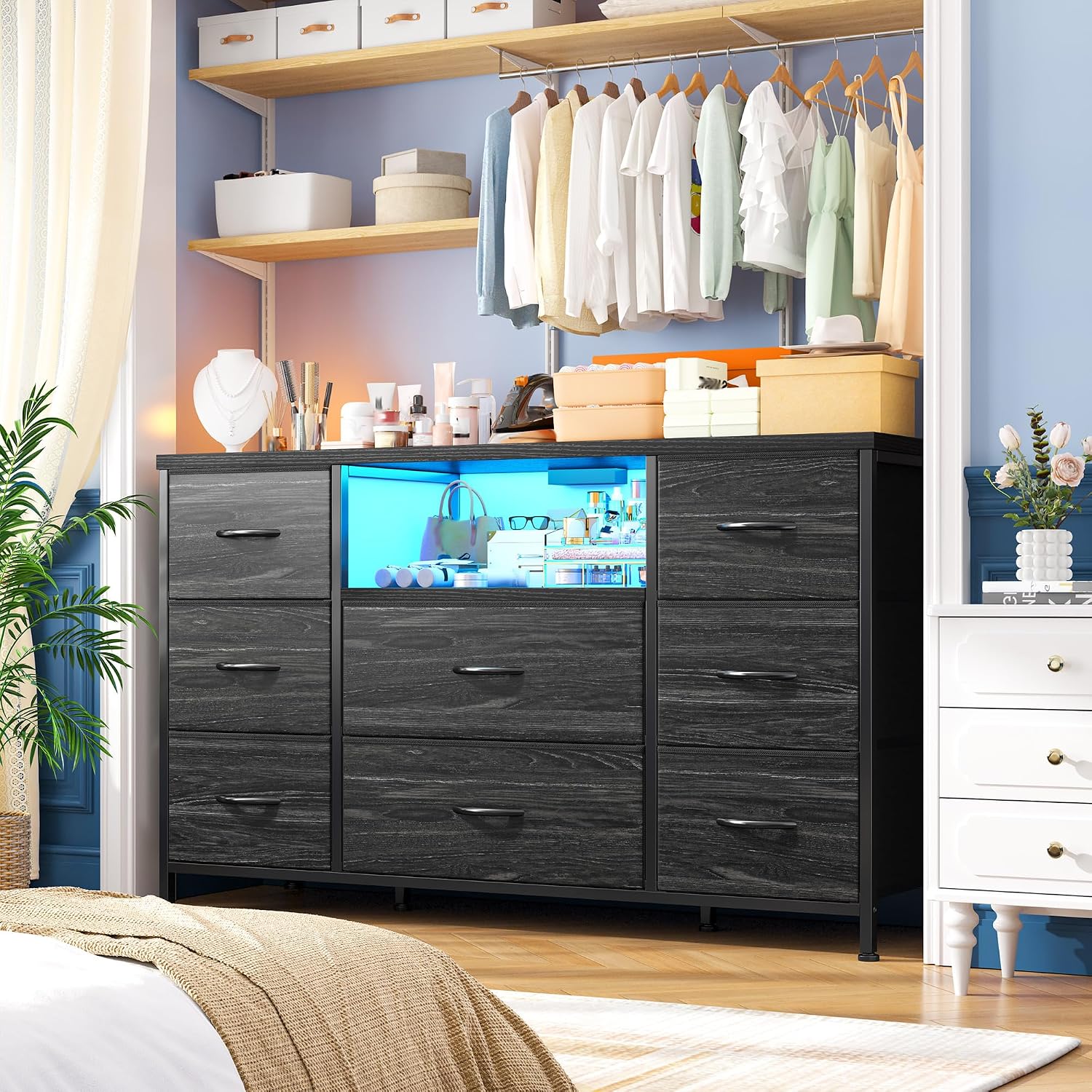 Black Dresser for Bedroom with LED Lights & Charging Station, Dresser TV Stand for Bedroom with 8 Drawer for 55 inch TV, Fabric Dressers & Chests of Drawers with Open Shelves for Hallway Entryway
