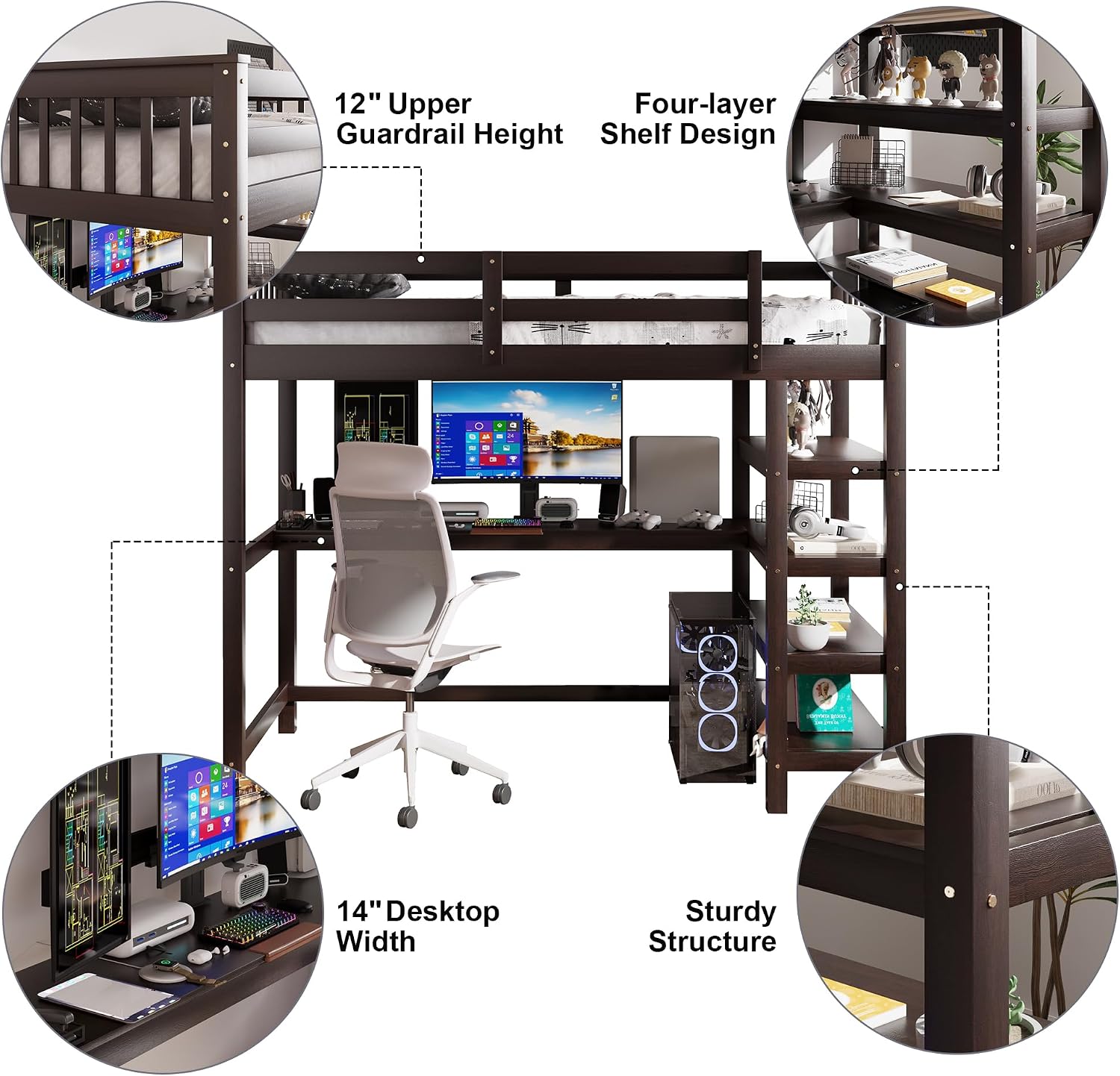 Merax Wood Loft Bed with Desk and Shelves : Twin Size Bed with Storage Shelves and Under-Bed Desk, Twin Loft Bed, Espresso Color