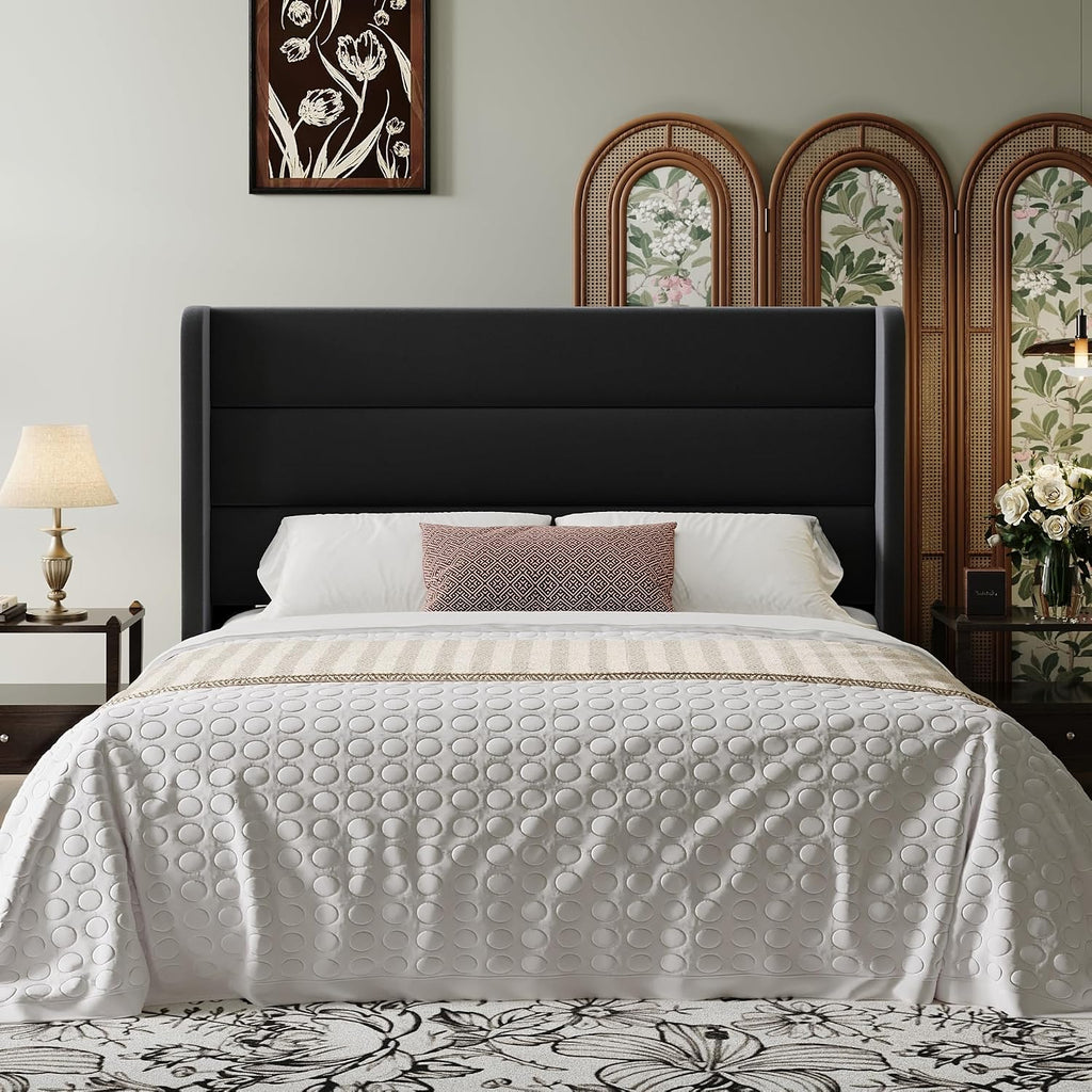 SHA CERLIN Full Size Velvet Bed Frame with Wingback Headboard/Upholstered Platform Bed with Wooden Slats/Mattress Foundation/No Box Spring Needed/Easy Assembly/Black