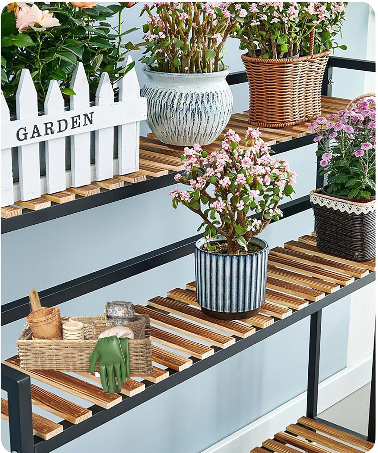 Potting Benches Tables Garden Potting Table Ironwork Plant Shelf for Multiple Plants 3 Tier Tall Plant Stand with Movable Wheels Metal Frame for Patio Balcony (80cm)