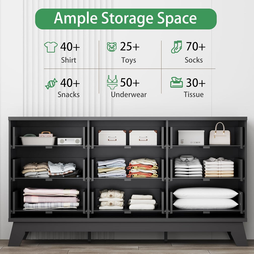 Xixini Fluted Dresser for Bedroom with 9 Drawers, 57' Wide Chest of Drawers with Metal Handle, Modern Wood Dresser TV Stand, Wooden Closet Clothes Storage Organizer for Living Room, Hallway, Black
