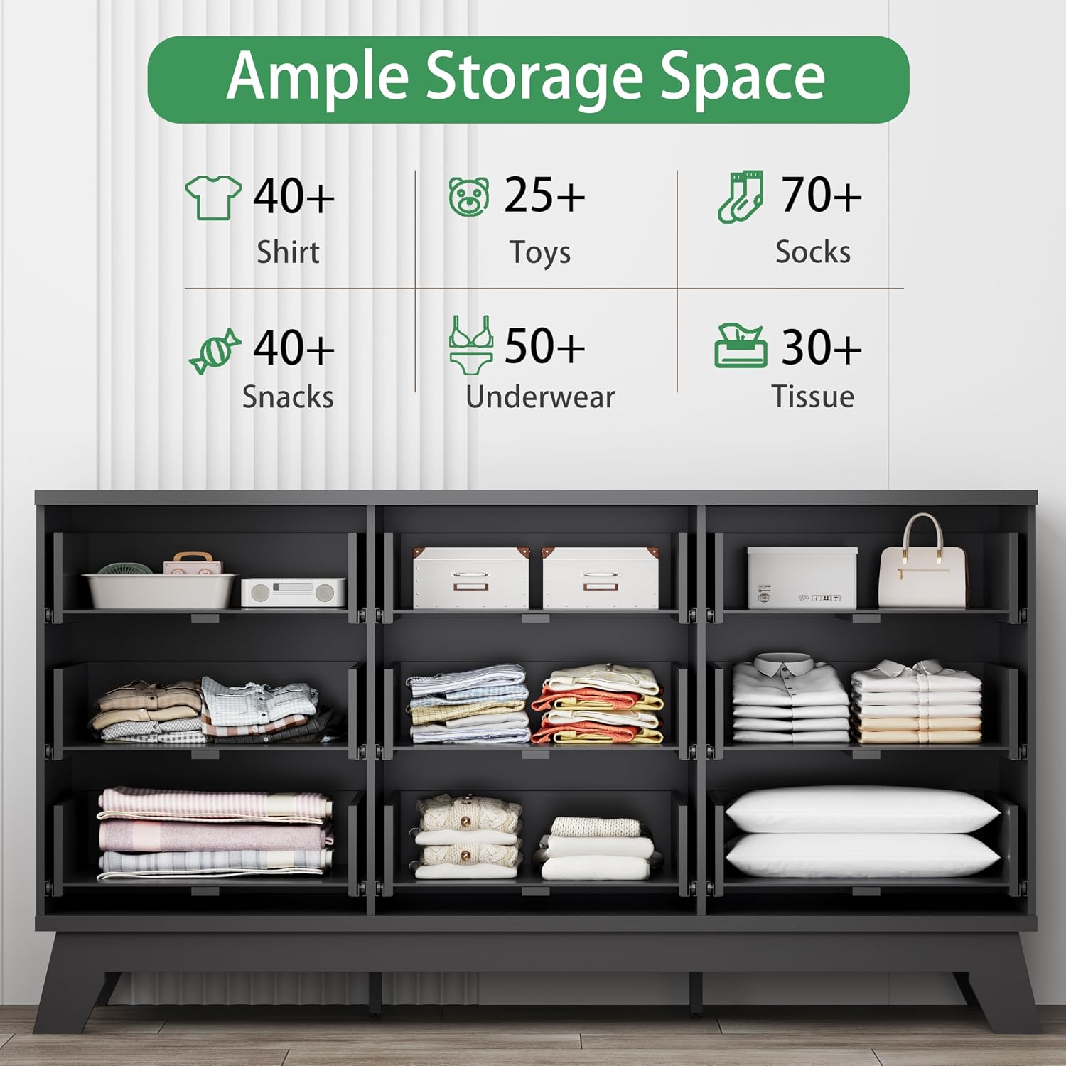 Xixini Fluted Dresser for Bedroom with 9 Drawers, 57' Wide Chest of Drawers with Metal Handle, Modern Wood Dresser TV Stand, Wooden Closet Clothes Storage Organizer for Living Room, Hallway, Black