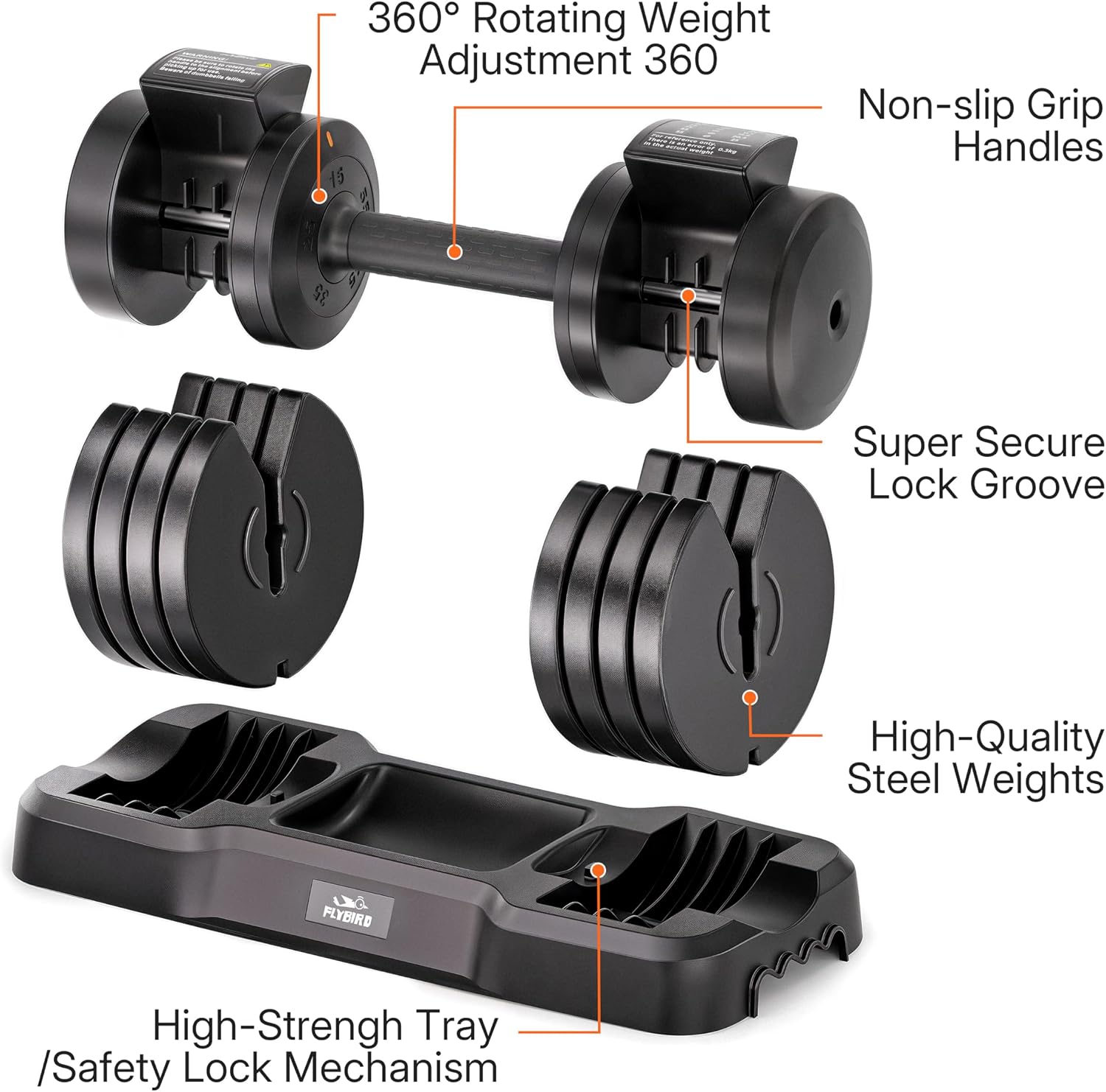FLYBIRD DB2 Adjustable Dumbbell, 55LB/110LB Single Dumbbell for Home Gym Exercise & Fitness, 5-IN-1 Fast Adjustable Weights with Anti-Slip Handle (2 Weight Option)