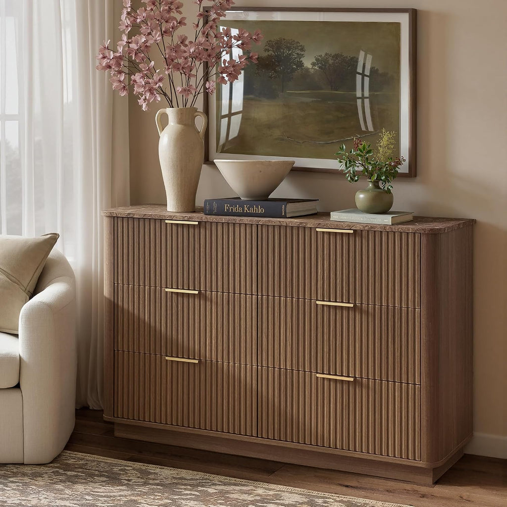win2win 6 Drawer Dresser, Mid Century Modern Dresser with Storage, 47' Wide Fluted Chest of Drawers with Faux Marble Top, Dressers TV Stand, Drawers Organizer for Bedroom, Living Room, Hallway, Walnut