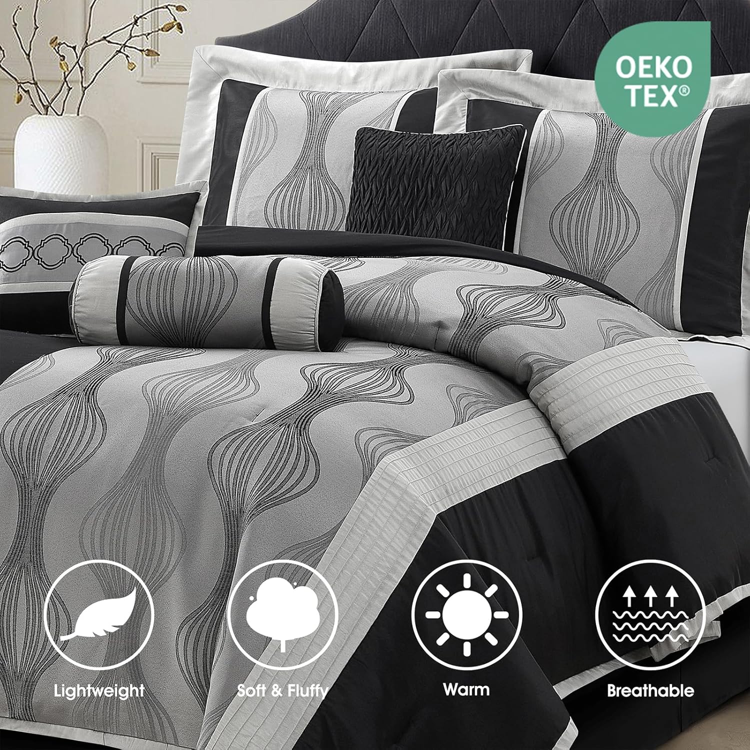 LANCO MODERN LIFESTYLE Queen Comforter Set, Black Silver, 7 Pieces Bed in a Bag, Soft Jacquard with Solid Piecework, Luxury Bed Set with Comforters, Bed Skirt, Pillow Shams and Decorative Pillows