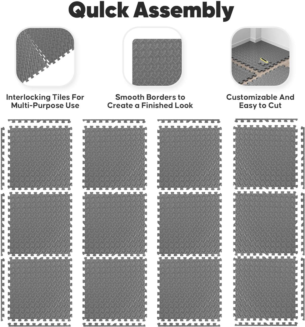 32 Pack Home Gym Mat, Puzzle Exercise Mat, 1of EVA Interlocking Foam Floor Tiles for Home Workout Equipment and Kids' Play Areas - Grey, 24 in x 24 in x ½ in - 32 Tiles (Grey, 32 Pack 128 sq ft)