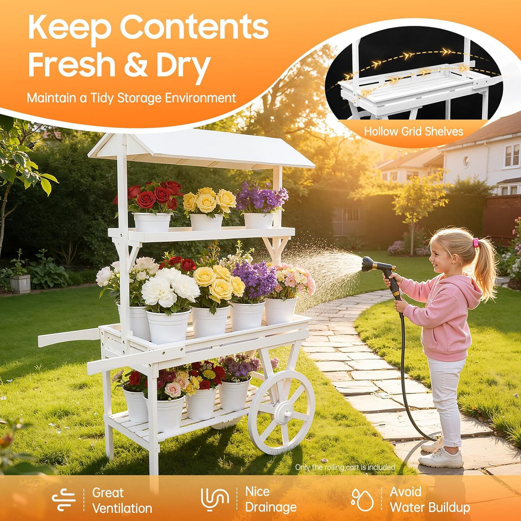 Large Country Market Wooden Rolling Table Cart, Antique Solid Wood Decor Display Rack Cart with Wheels, Rolling Table Carts for Display Various Flowers and Candy (White)