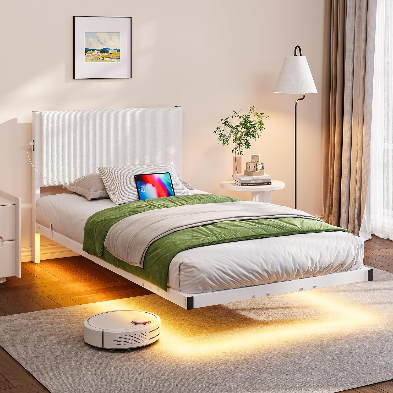 Twin Floating Bed Frame with Headboard,Twin Size Floating Bed Frame with LED Lights & USB Charging Station,Metal Platform Bed with Strong Slats Support,No Box Spring Needed,Easy Assembly,White