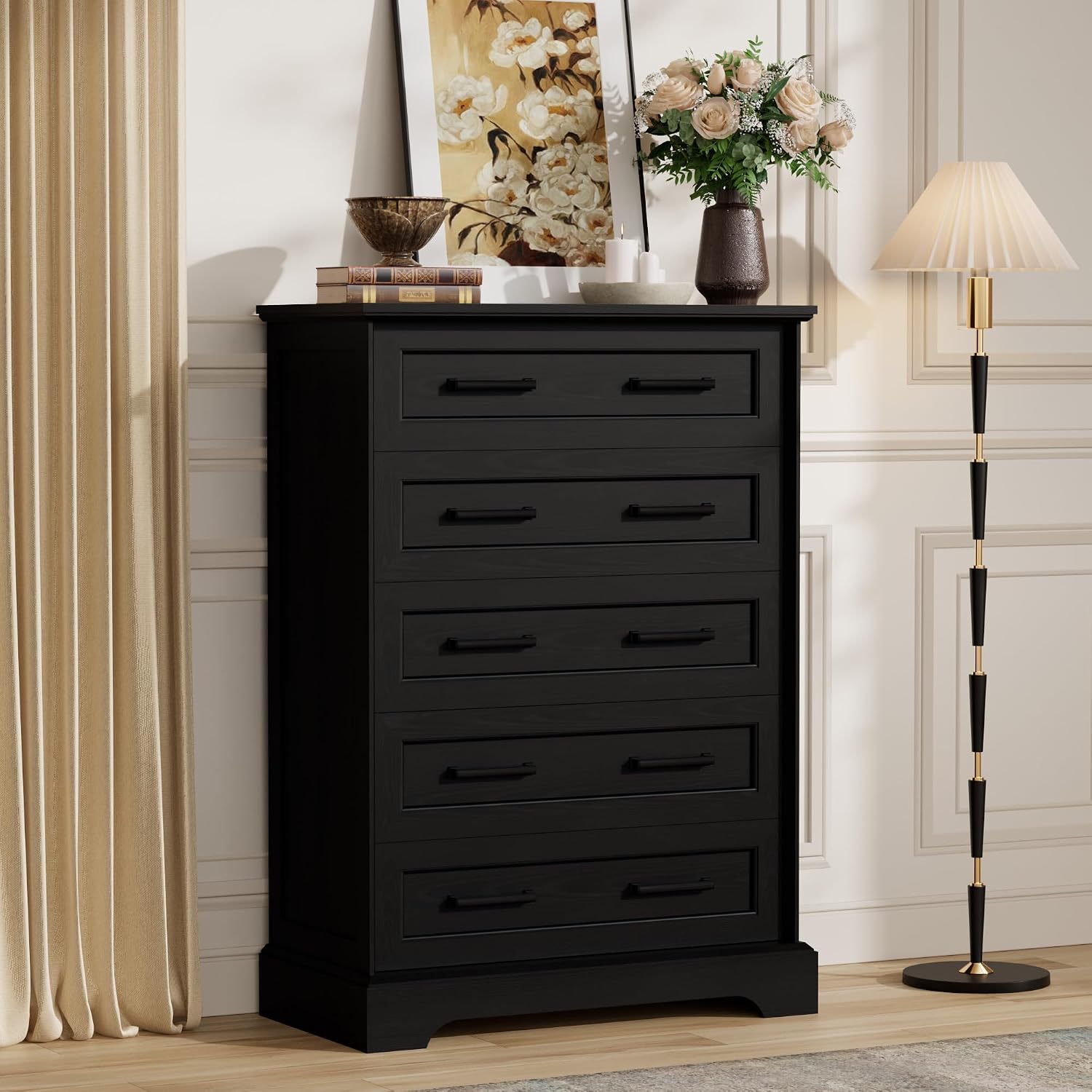 Furmax Farmhouse Dresser for Bedroom, 5 Drawers Dresser, Wood Chest of Drawers, 31.5' Wide Storage Dressers Organizer for Bedroom, Living Room (Black)