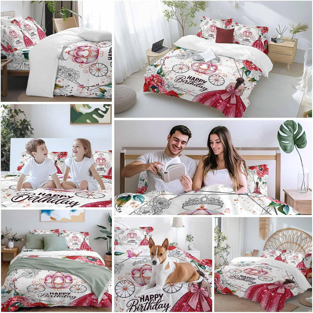 Happy Birthday Duvet Cover Set, Red Dress Crown Carriage Flowers Butterfly Soft Duvet Cover Full Size Bedding Set 4 Pieces, 1 Quiltcover and 2 Pillowcases with Zipper, 1 Bed Sheet for All Seasons