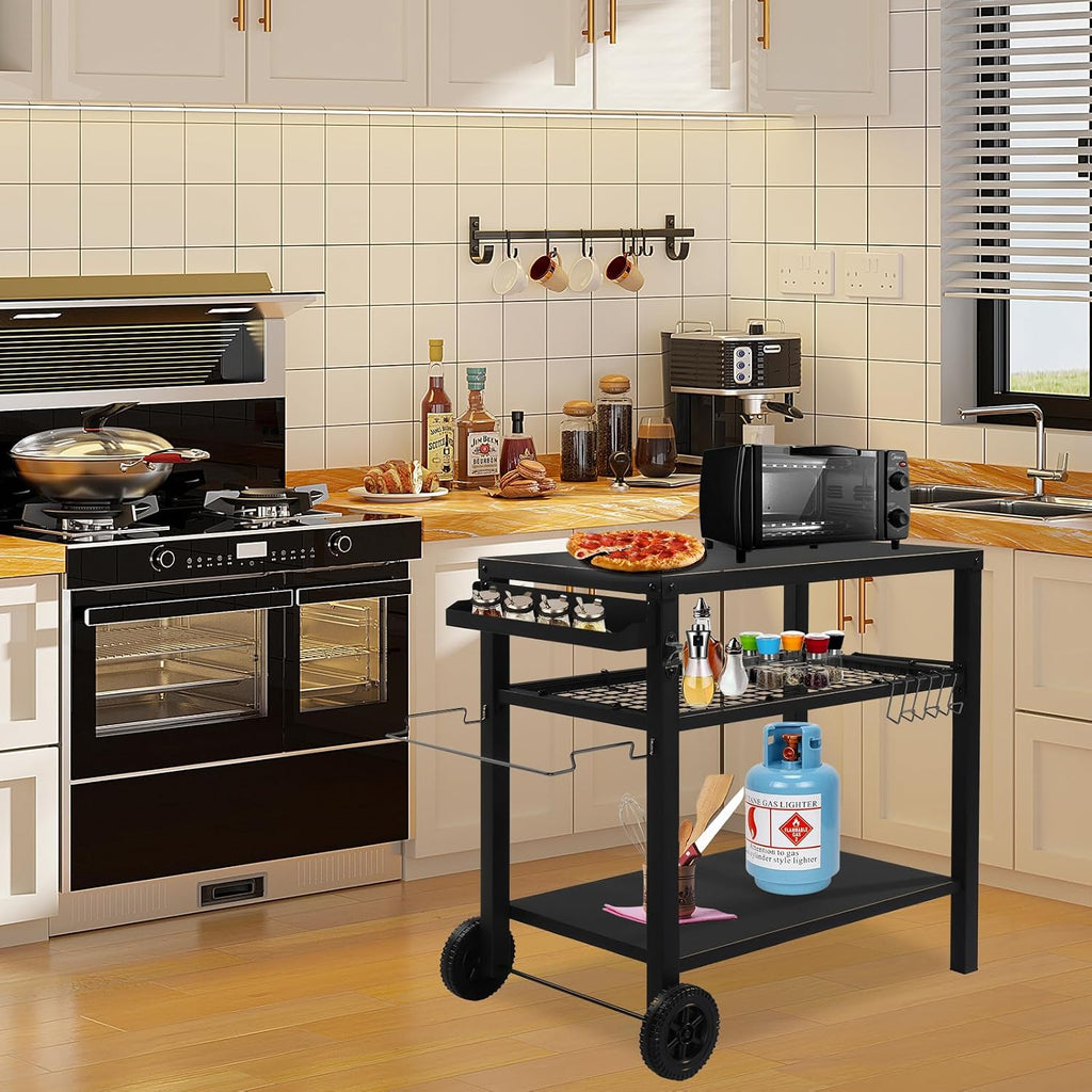 Outdoor Grill Cart,Grill Table with Three-Shelf,Movable Pizza Oven Table,Rolling Kitchen Cart,Grill Tables for Outside BBQ with Two Wheels Black