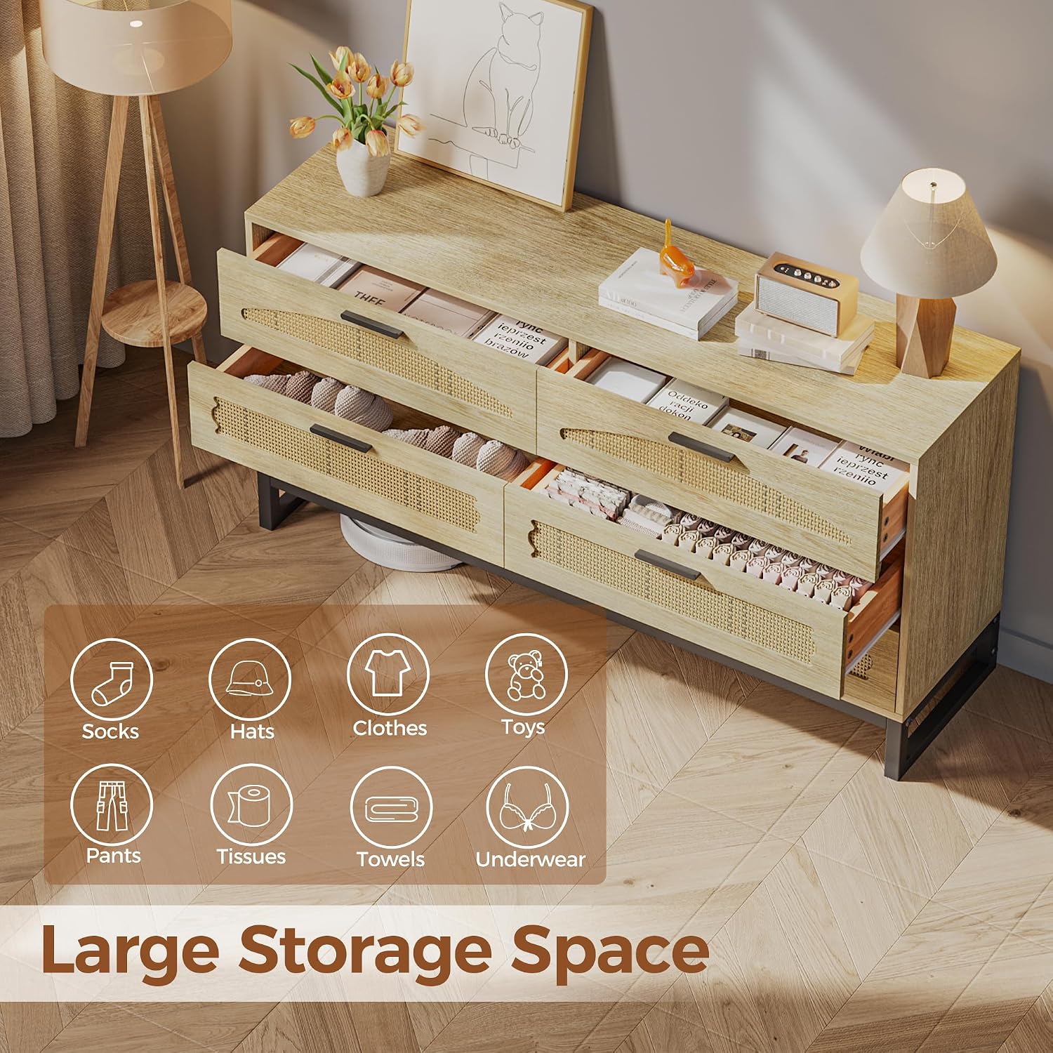 Mericonia 6 Drawer Double Dresser for Bedroom, Rattan Chest of Drawers, Modern Wooden Dresser Chest with Metal Frame for Bedroom, Living Room, Hallway and Entryway, Oak
