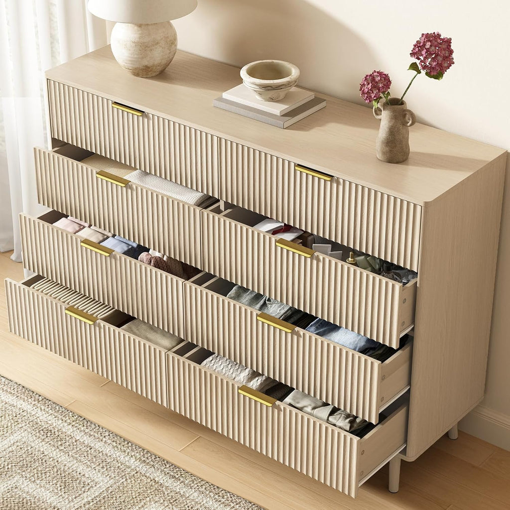 CARPETNAL Fluted Dresser and Nightstand Sets for Bedroom, 3 Pcs Bedroom Set, 8-Drawer Dresser & 2-Drawer Nightstand Set of 2, Modern Wood Chest of Drawers for Living Room, Entryway, Beige