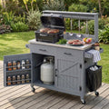 54.1' Outdoor Kitchen Island with Stainless Steel Top and High Shelf, Solid Wood Grill Cart with Lockable Wheels and Cabinet for BBQ, Outdoor Potting Bench Table for Garden, Gray Blue