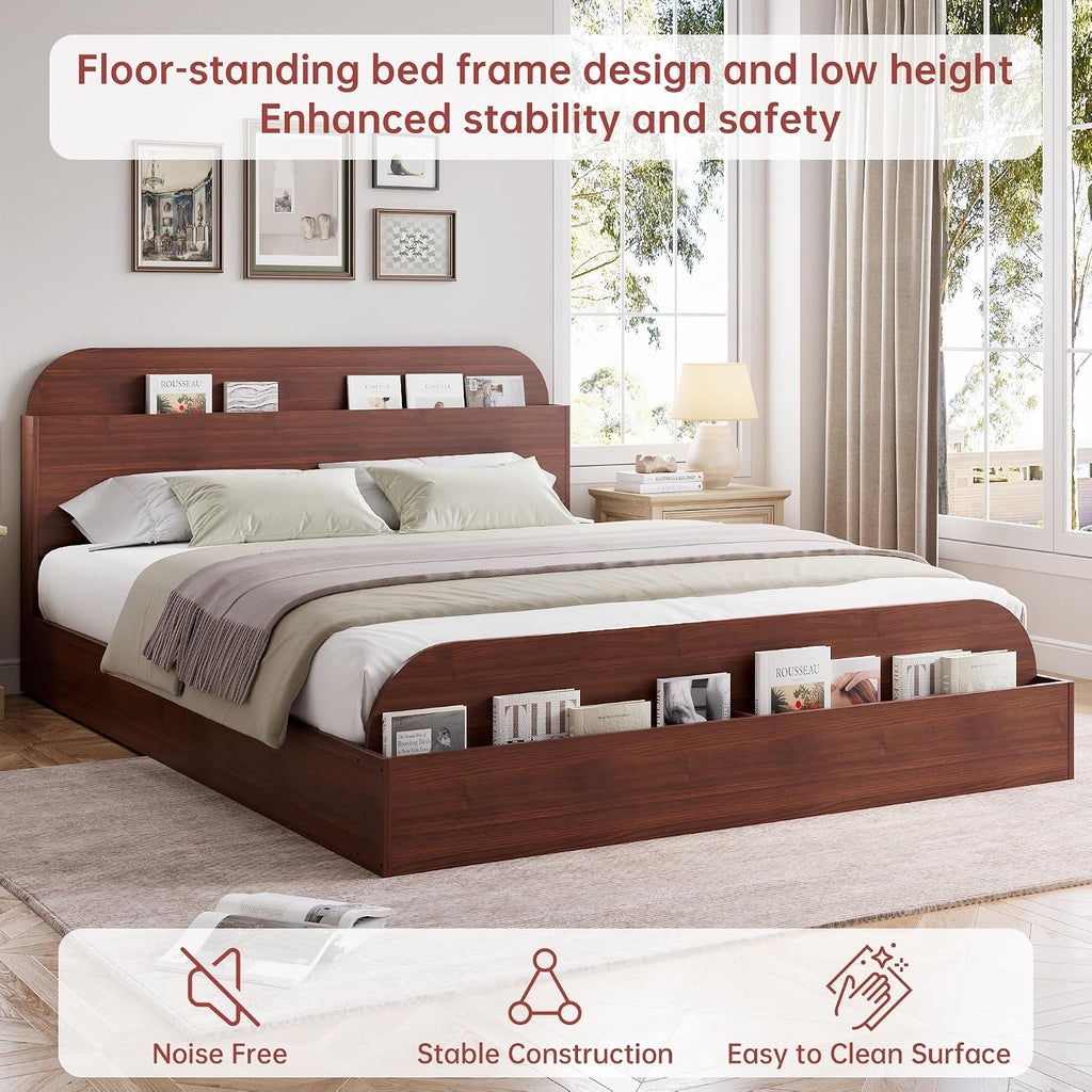 GarveeHome Full Size Bed Frame, Wooden Beds with Storage Headboard and Raised-Foodboard, Full-Floor Low Platform Bed for Bedroom, Sturdy Wooden Slats Support, No Box Spring Needed, Espresso