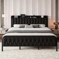 iPormis Metal Bed Frame Queen Size with Charging Station, Velvet Upholstered Headboard and Footboard, Heavy Duty Steel Support, 12' Under Bed Storage, No Box Spring Needed, Easy Assembly, Dark