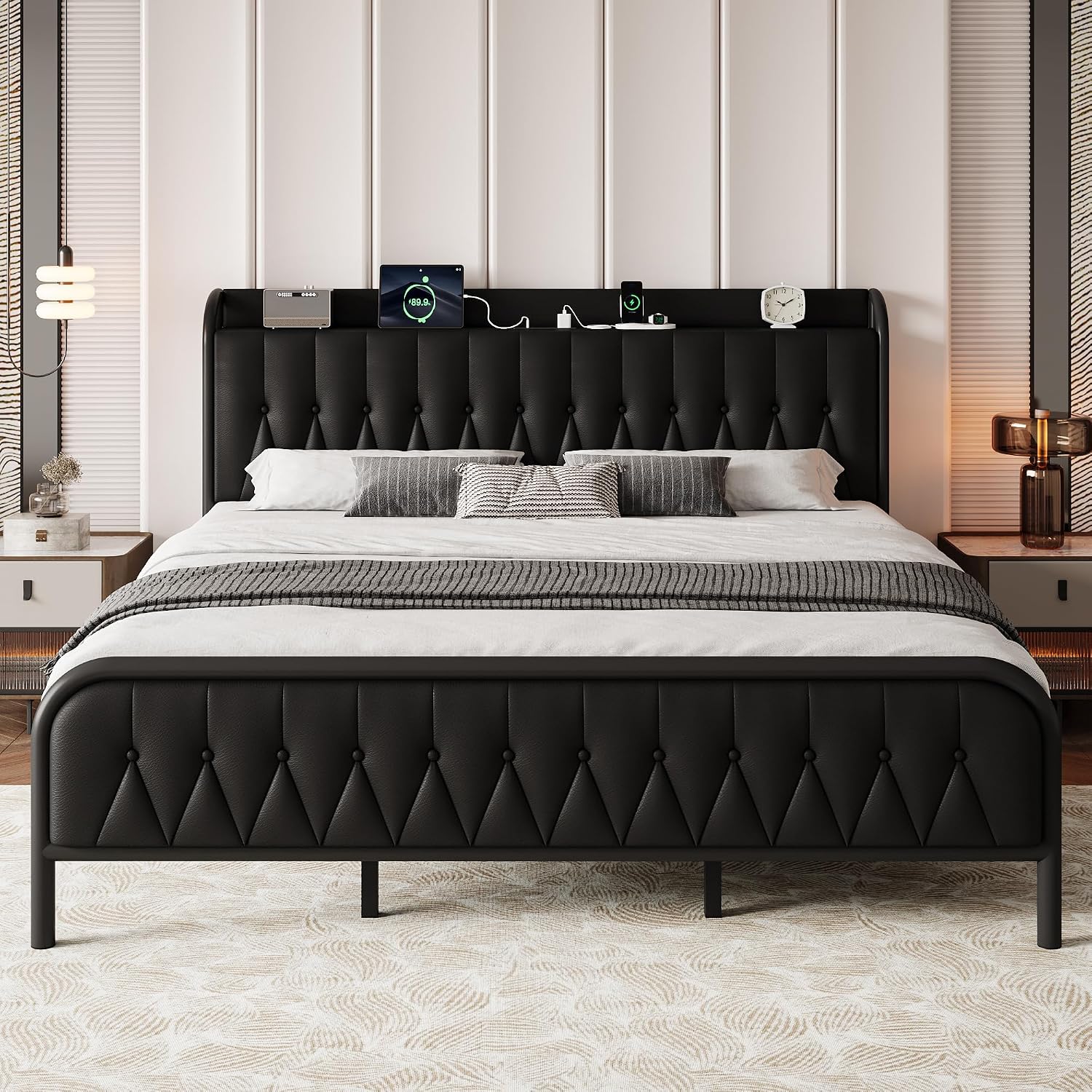 iPormis Metal Bed Frame Queen Size with Charging Station, Velvet Upholstered Headboard and Footboard, Heavy Duty Steel Support, 12' Under Bed Storage, No Box Spring Needed, Easy Assembly, Dark
