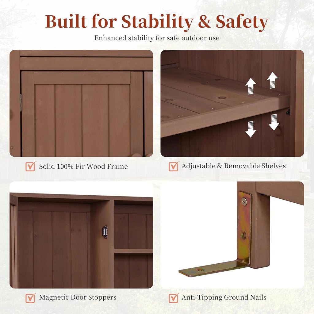 Merax Outdoor Garden Potting Bench with Hutch, 65' H Solid Fir Wood Patio Garden Workstation Tabl with Large Countertop, Adjustable Shelves, Door Rack, Side Hook and Drawer, Brown