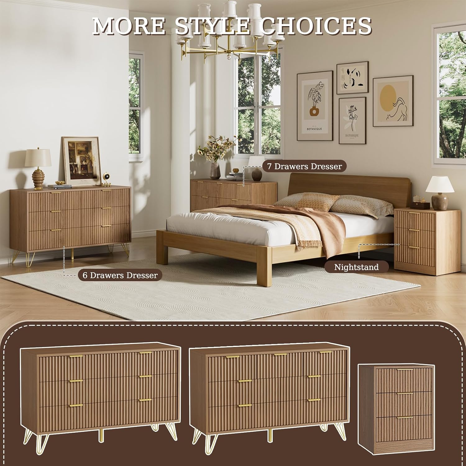 LYNSOM Fluted Dresser for Bedroom, Walnut 6 Drawer Dresser with Gold Handles and Wide Drawers, Wood Chest of Drawers for Bedroom, Hallway