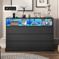 DICTAC Black Dresser for Bedroom with LED Lights with Charging Station, 6 Drawer Double Dresser with No Handle Drawers, Modern Chest of Drawers for Living Room, Entryway