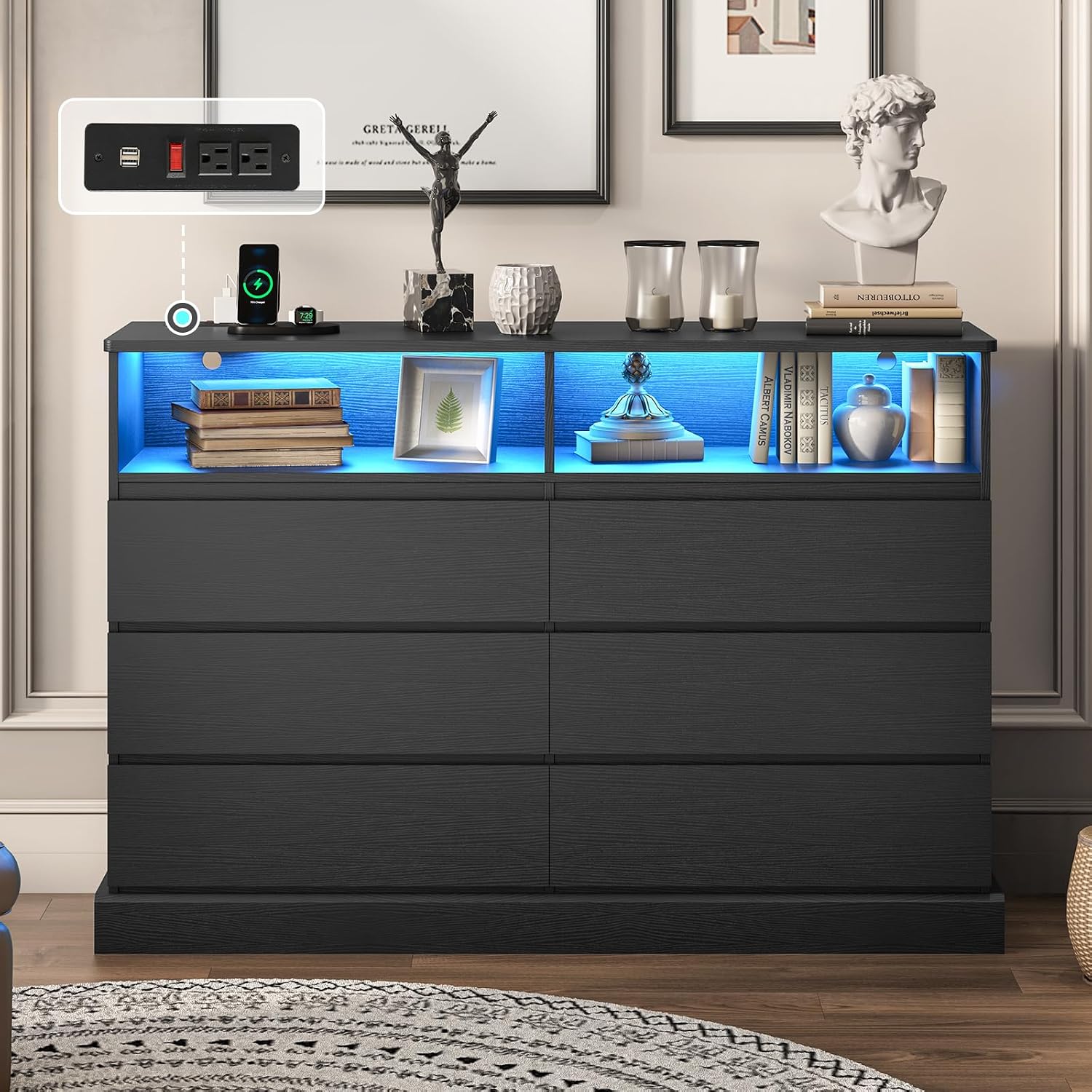 DICTAC Black Dresser for Bedroom with LED Lights with Charging Station, 6 Drawer Double Dresser with No Handle Drawers, Modern Chest of Drawers for Living Room, Entryway
