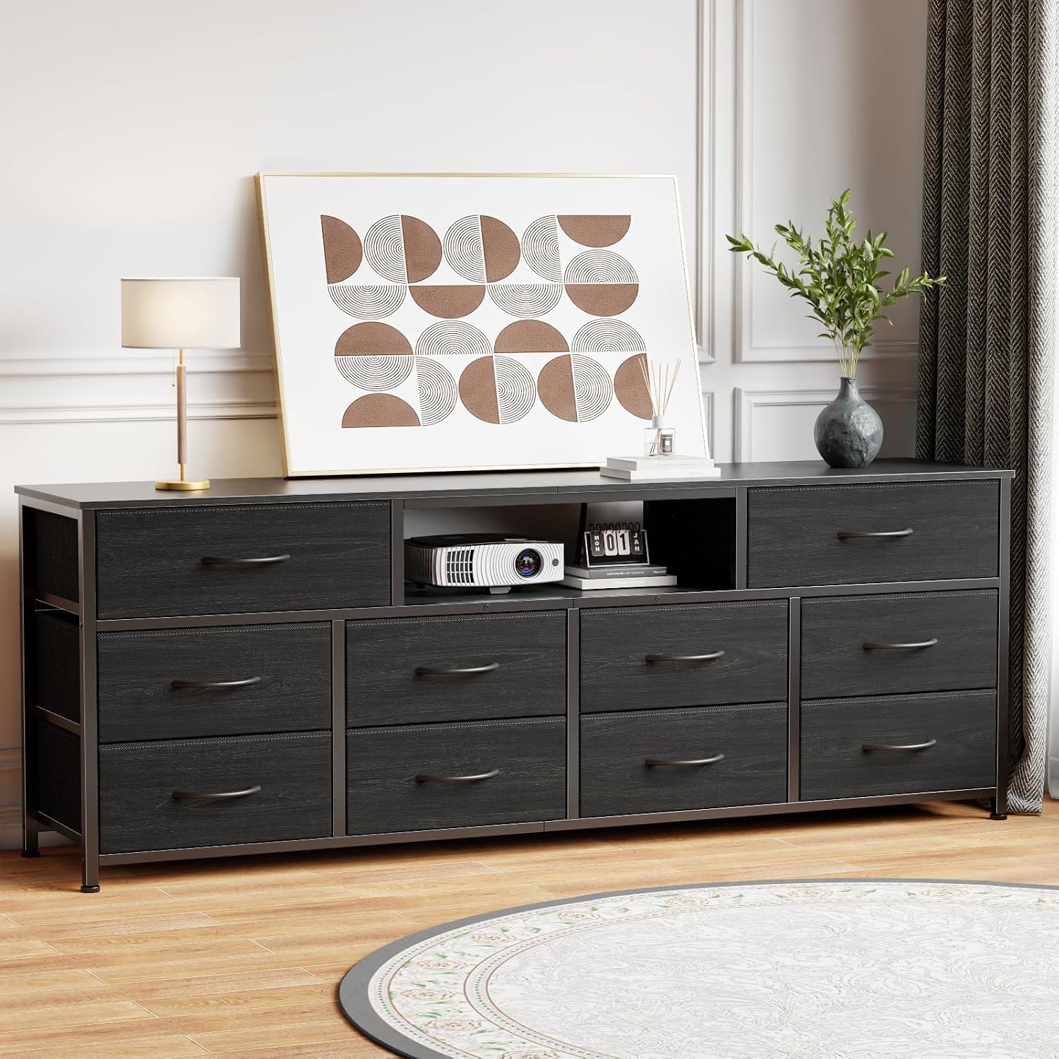Furnulem 63' Long Dresser for Bedroom, TV Stand for 65 to 75 inch TV, Black Dresser with 10 Fabric Drawers, Chest of Drawer for Closet, Entertainment Center with Power Outlet & LED Light