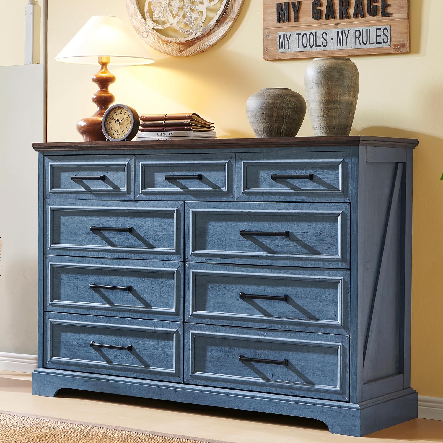 JXQTLINGMU 9 Drawers Dresser for Bedroom, Farmhouse 52'' Wide Dressers & Chests of Drawers w/Roman Column, Large Storage Dressers Organizer for Bedroom Hallway, Blue