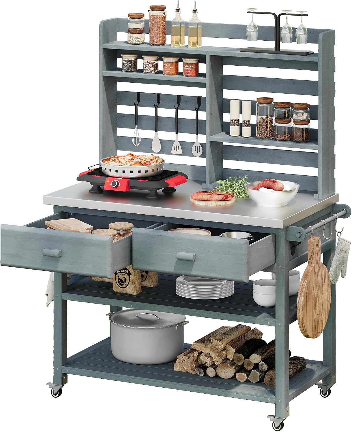 Outdoor Potting Bench Table with Lockable Wheels, Wood Outdoor Workbench with Upper Hutch, Stainless Steel Top, Towel Rack for Grilling, Lawn Garden (Grey Blue, 64.9' H)