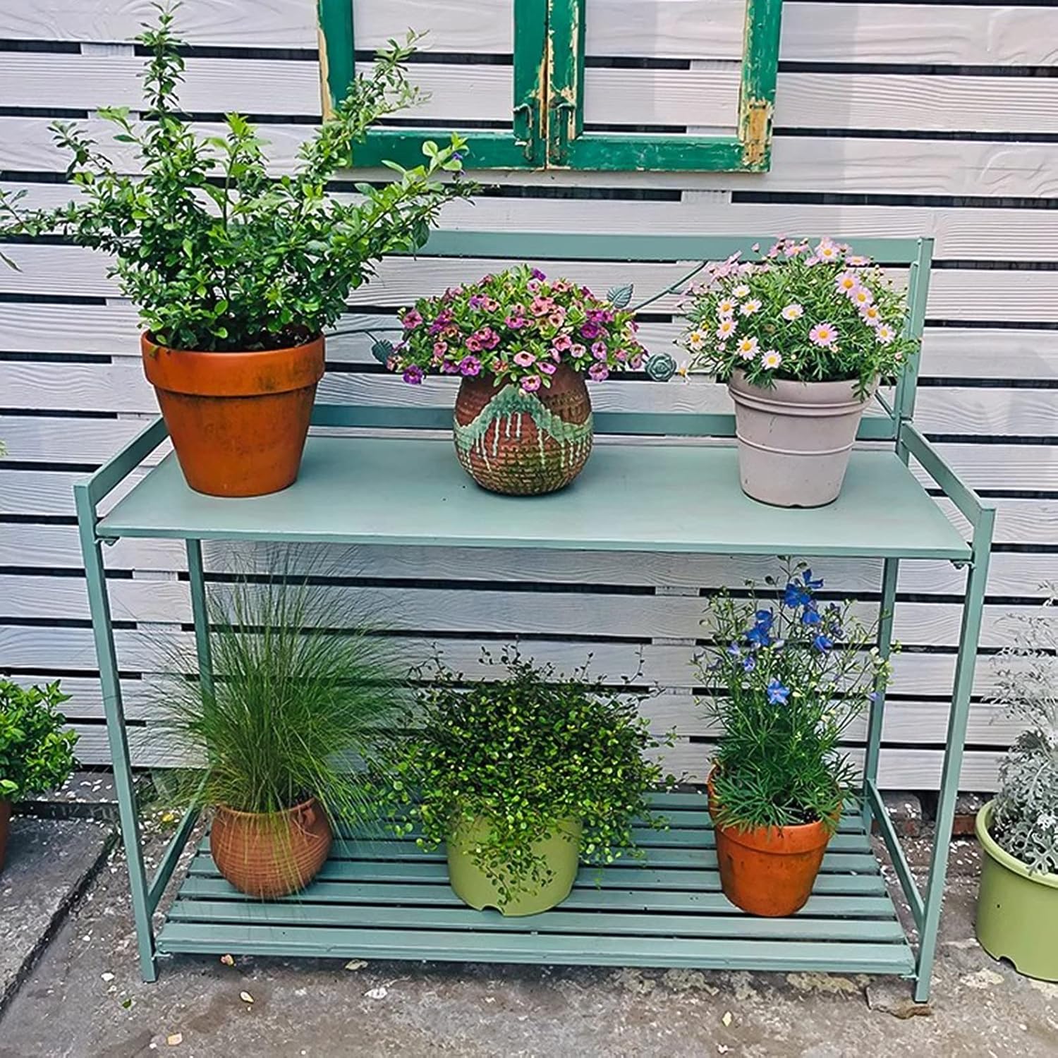 Planting Workstation Table for Outdoor Patio with 2-Tier Open Shelf, Metal Potting Bench for Garden, Potting Table for Planting and Gardening