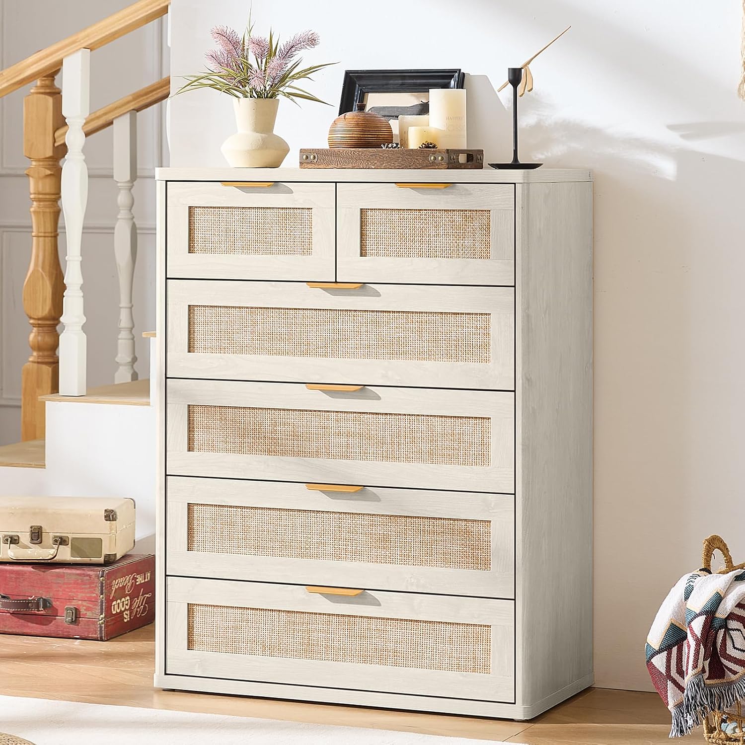 LEYAOYAO White Dresser for Bedroom Set of 2, 41' Tall Chest of Drawers, Modern 6 Drawers Boho Rattan Dressers with Storage, Dresser Wooden Closet Organizer for Living Room, Hallway