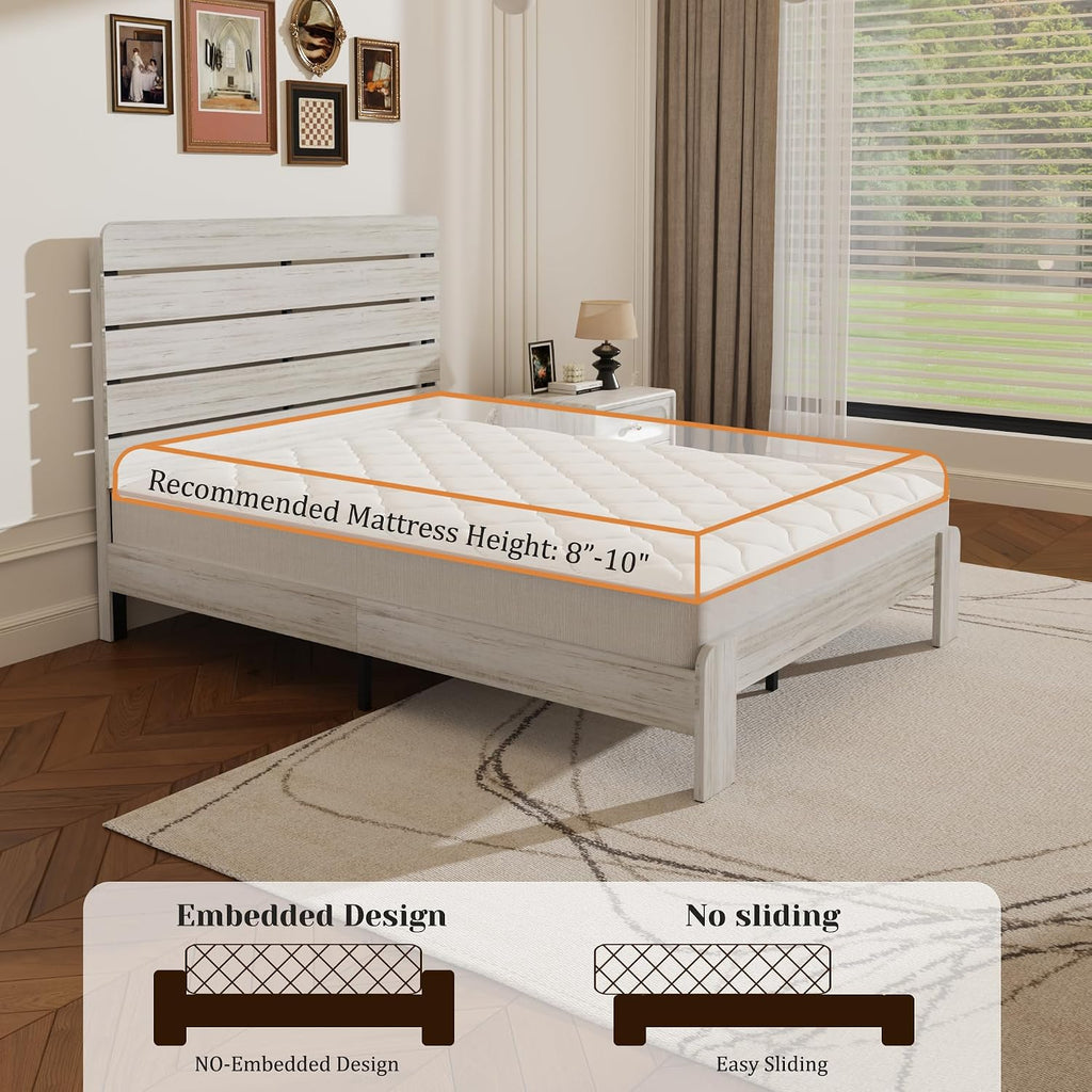 Queen Size Wooden Bed Frame with Headboard, Boho Platform Bedframe with Wood Slat Support, Sturdy and No Noise, Easy Assembly (Boho White, Queen)