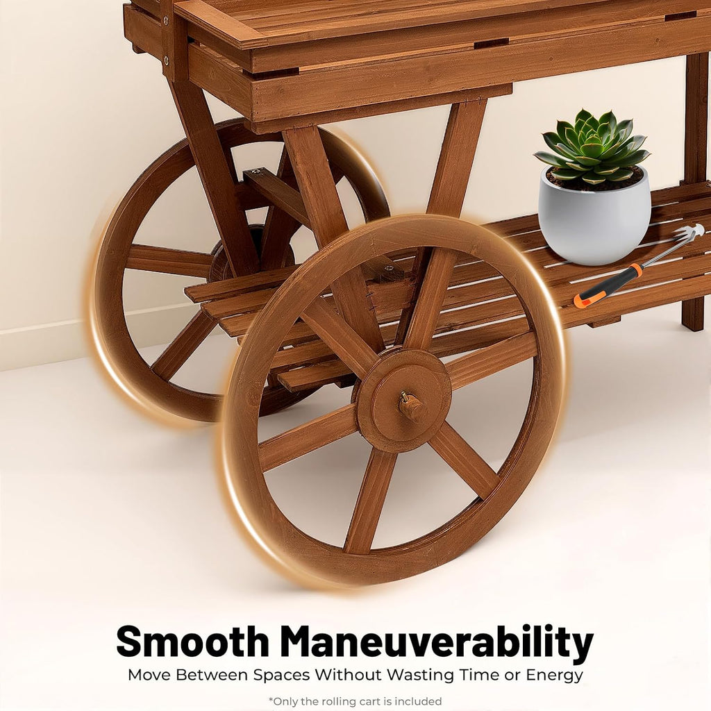 Large Country Market Wooden Rolling Table Cart, Antique Solid Wood Decor Display Rack Cart with Wheels, Rolling Table Carts for Display Various Flowers and Candy (Brown)