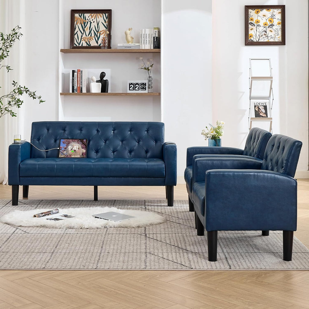 TYBOATLE 62' W Leather Loveseat w/Chairs, 3 Piece Sofa Sets for Living Room w/ 2 USB Charger Ports and 2 Cupholders, Living Room Furniture Sets of 3 (3, Blue)